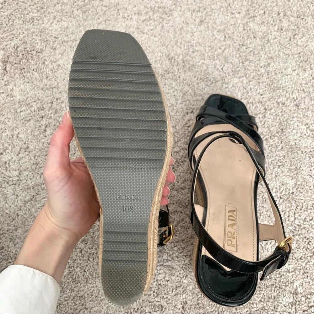 Prada Black Patent Leather Strappy Wedge Sandals